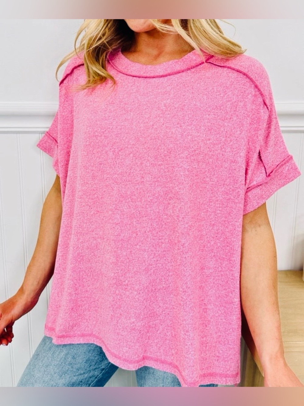 Zenana women's Soft Melange Short Sleeve Hi-Low Tee, soft pink, size small
